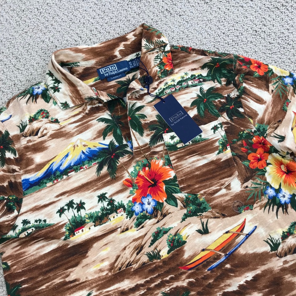Polo Ralph Lauren Mens XS Tropical Hawaiian Print Linen Cotton Polo Shirt NWT